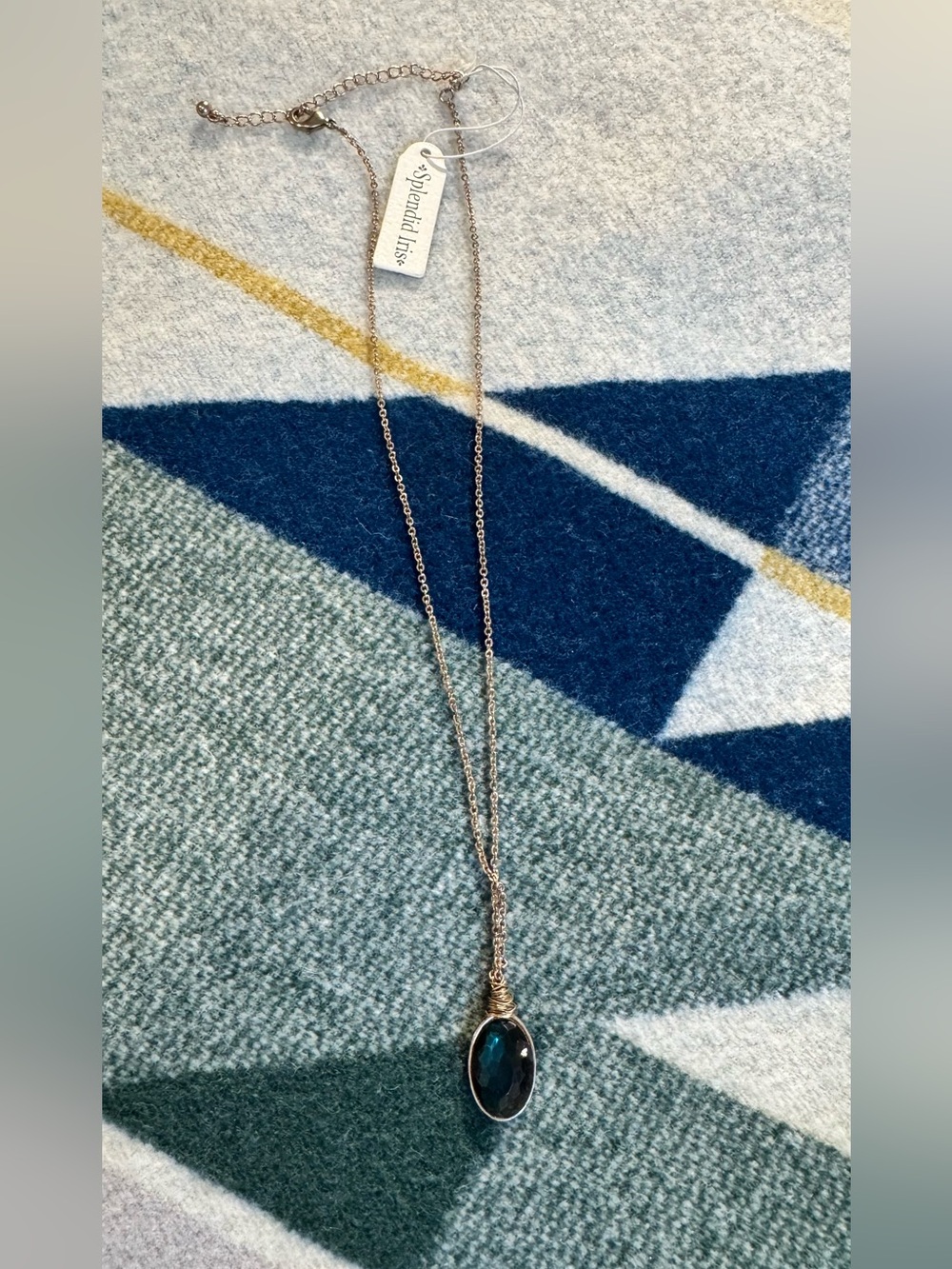 Gold-Tone Wire Wrapped Chain Necklace with Lagoon Blue. Faceted Pendant